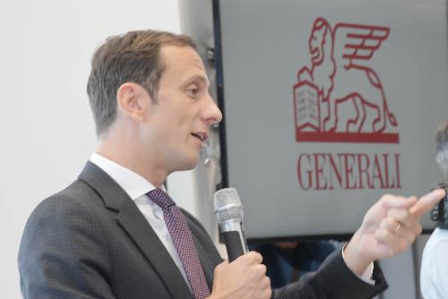 Il governatore Massimiliano Fedriga prende la parola in occasione dell'inaugurazione della sede della Generali Academy Group nel ristrutturato Palazzo Berlam di Trieste